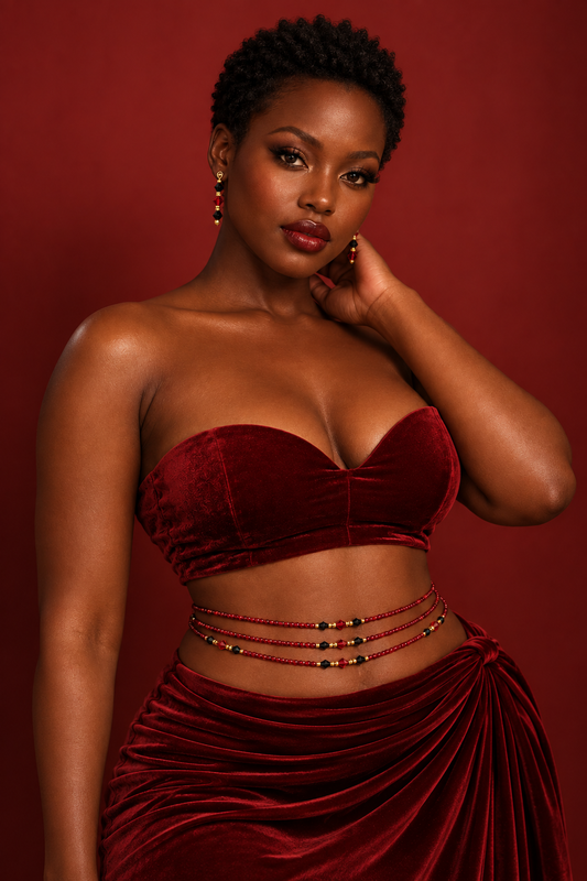 Model wearing Ruby Woo red, black, and gold waist beads with a red outfit