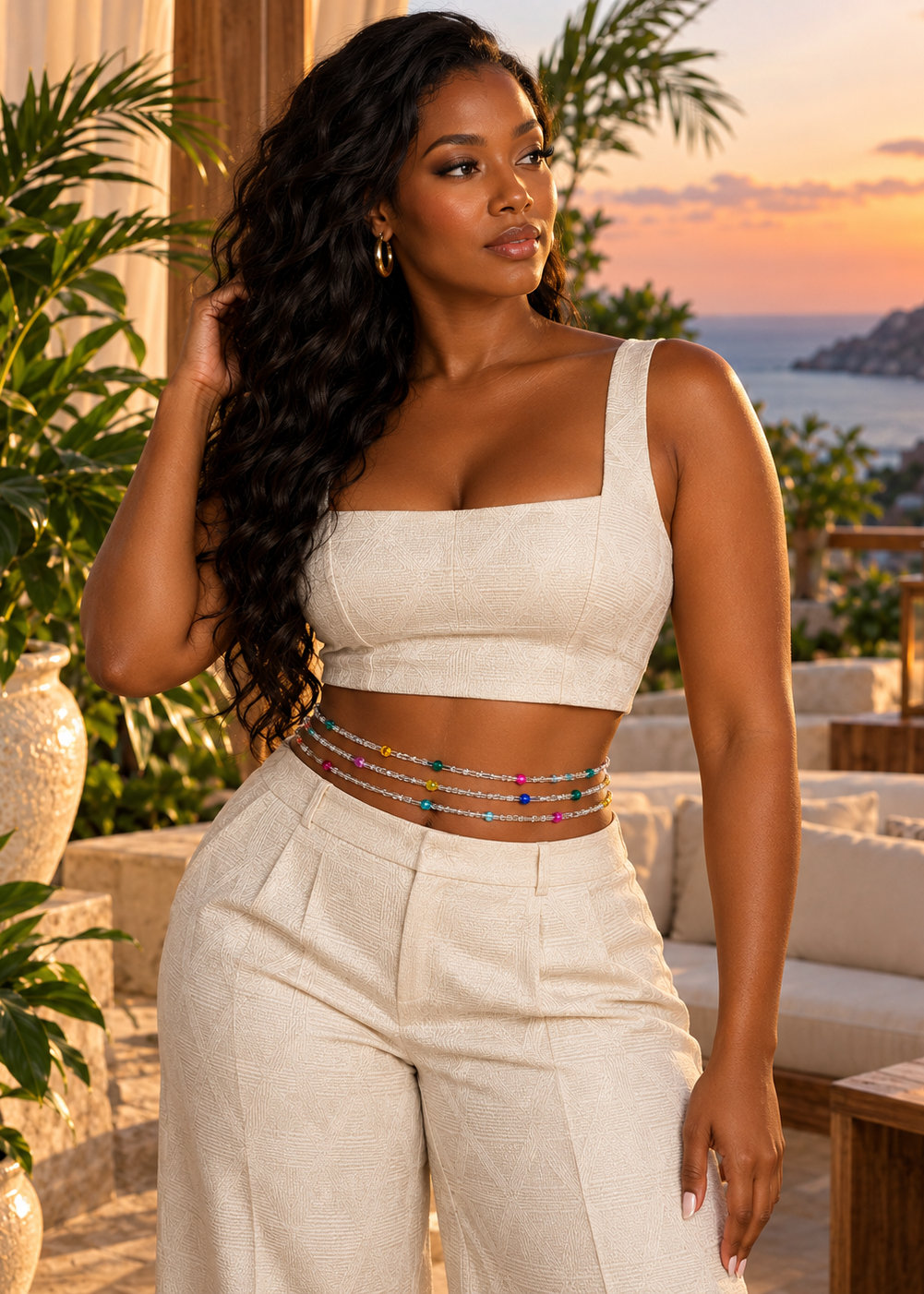 Model in an ivory outfit wearing Celestial Spark Luxe waist beads with multicolor crystal accents at sunset
