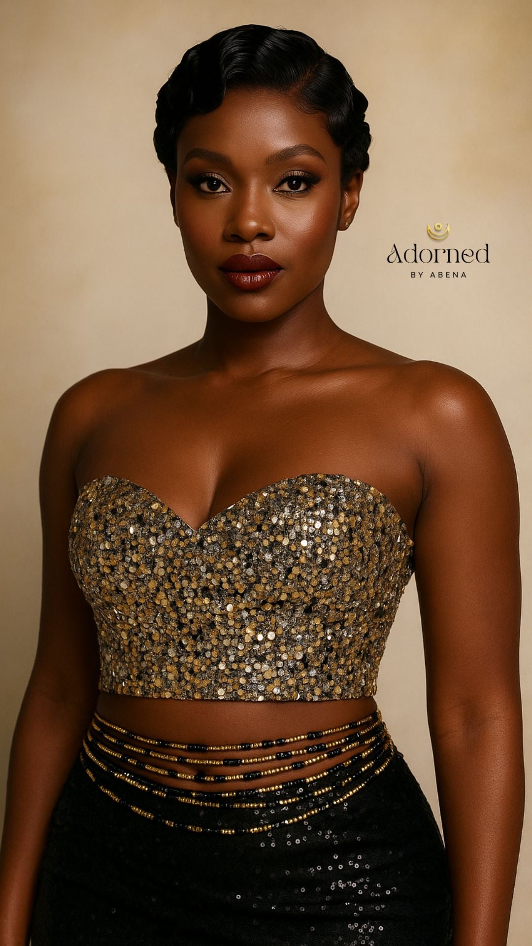 Model wearing layered Twilight Gleam waist beads with a black outfit
