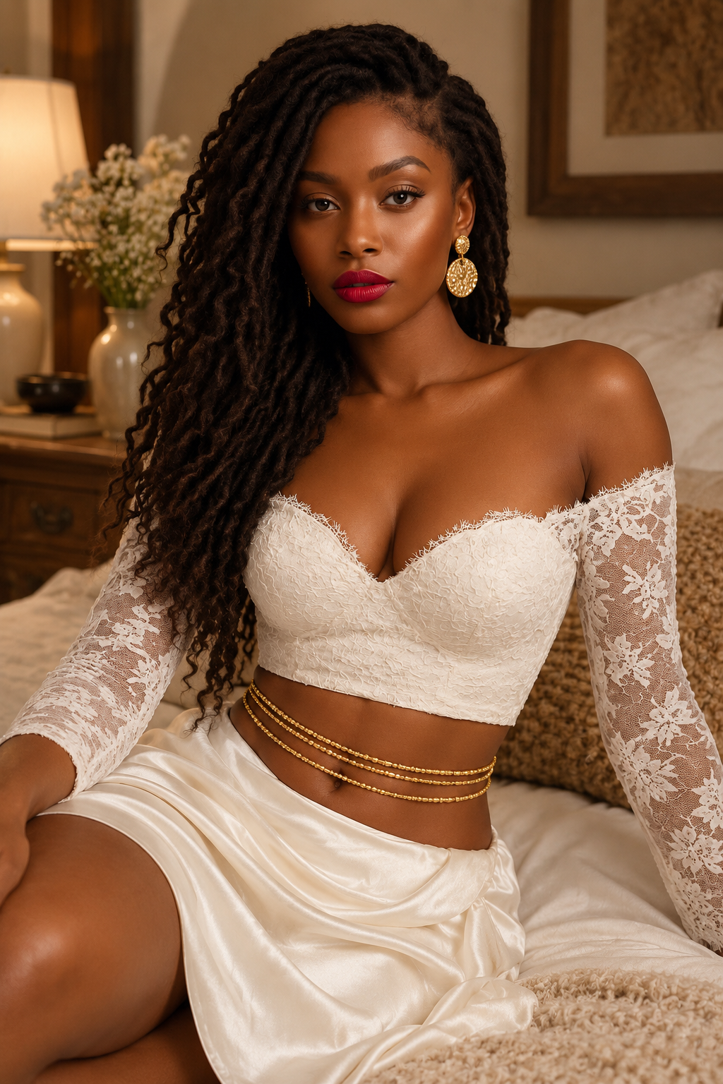 Model wearing layered gold Sika waist beads with a white lace outfit