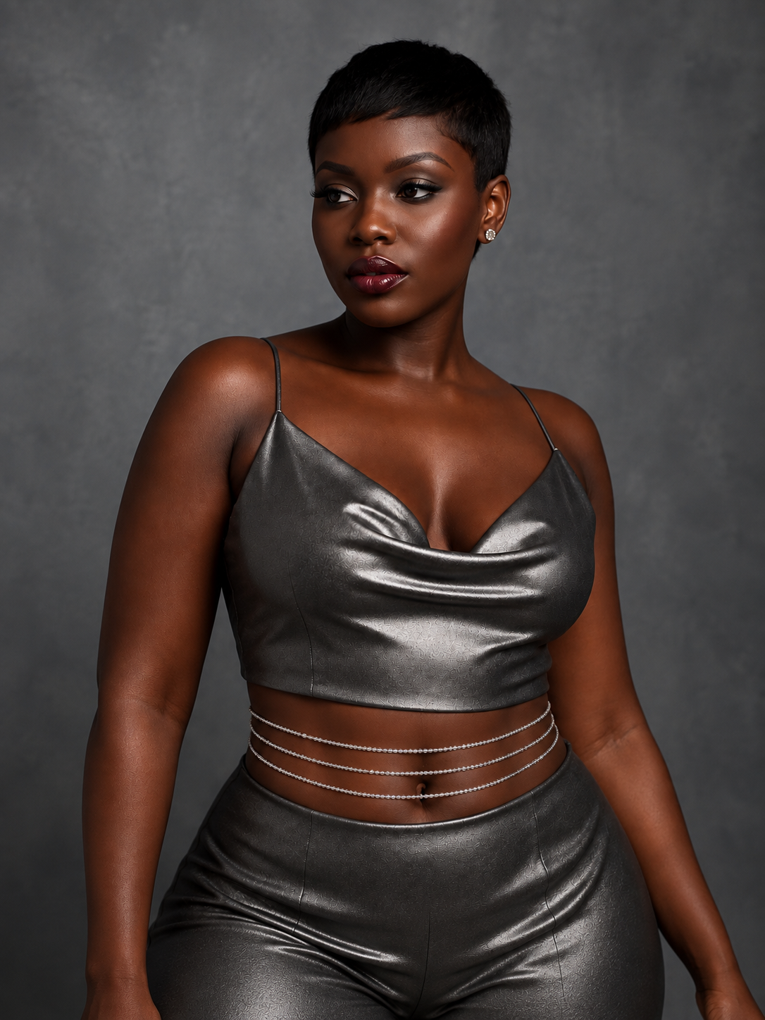 Model wearing Silver Whisper waist beads with a metallic silver outfit