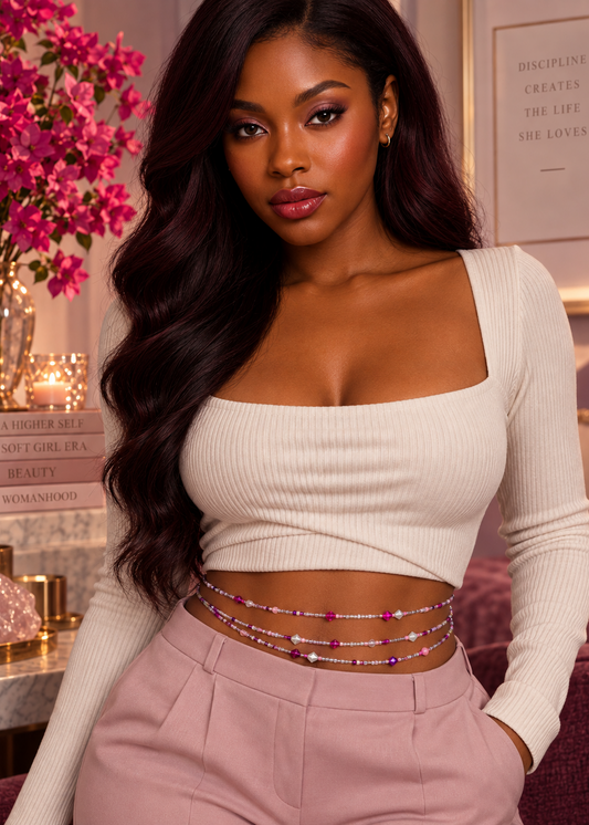 Model wearing layered Pink Reign Luxe waist beads with a white top and pink trousers