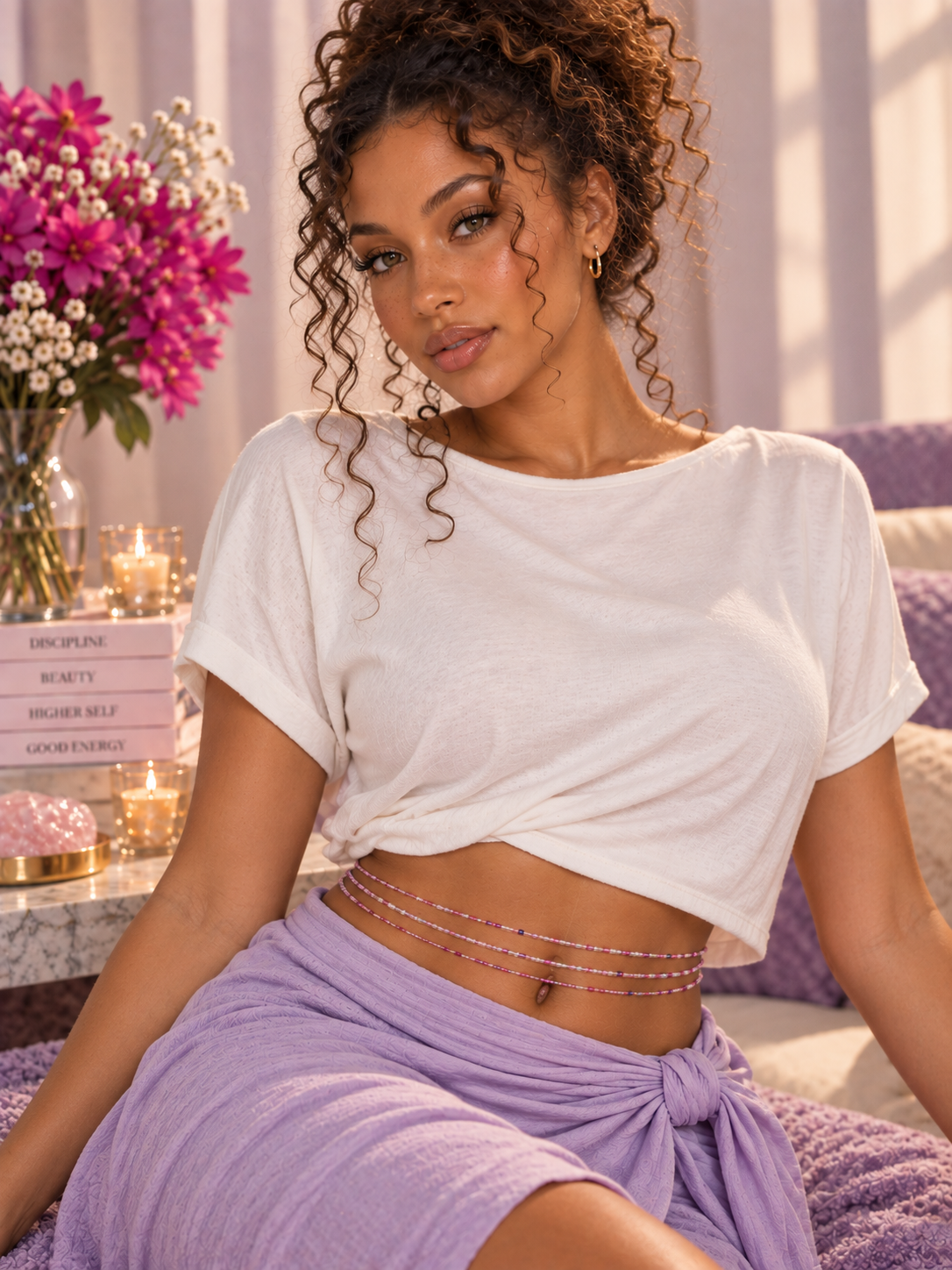Model wearing Cotton Candy waist beads with a white top and lavender wrap skirt