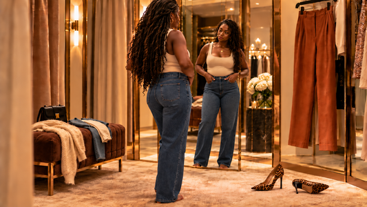Black woman with boho locs trying on dark straight-leg jeans in an upscale boutique fitting room