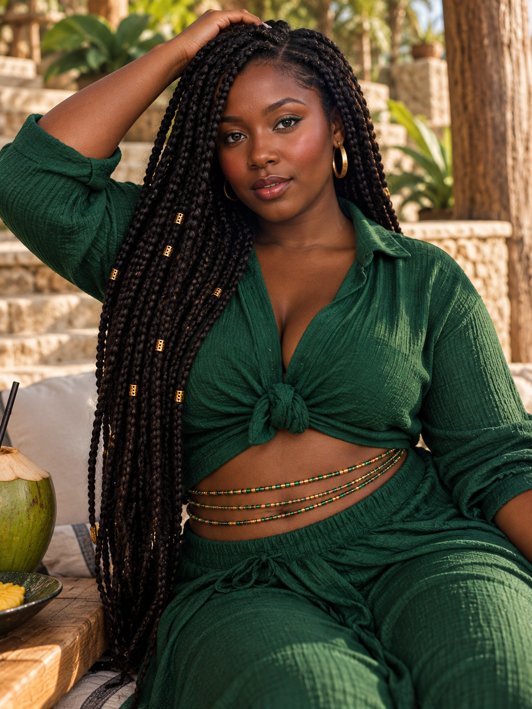 Model wearing Emerald Dynasty green and gold waist beads with a deep green outfit