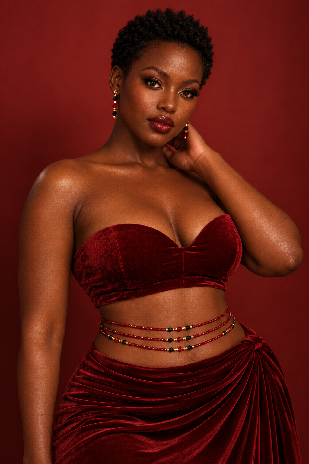 Model wearing Ruby Woo red, black, and gold waist beads with a red outfit