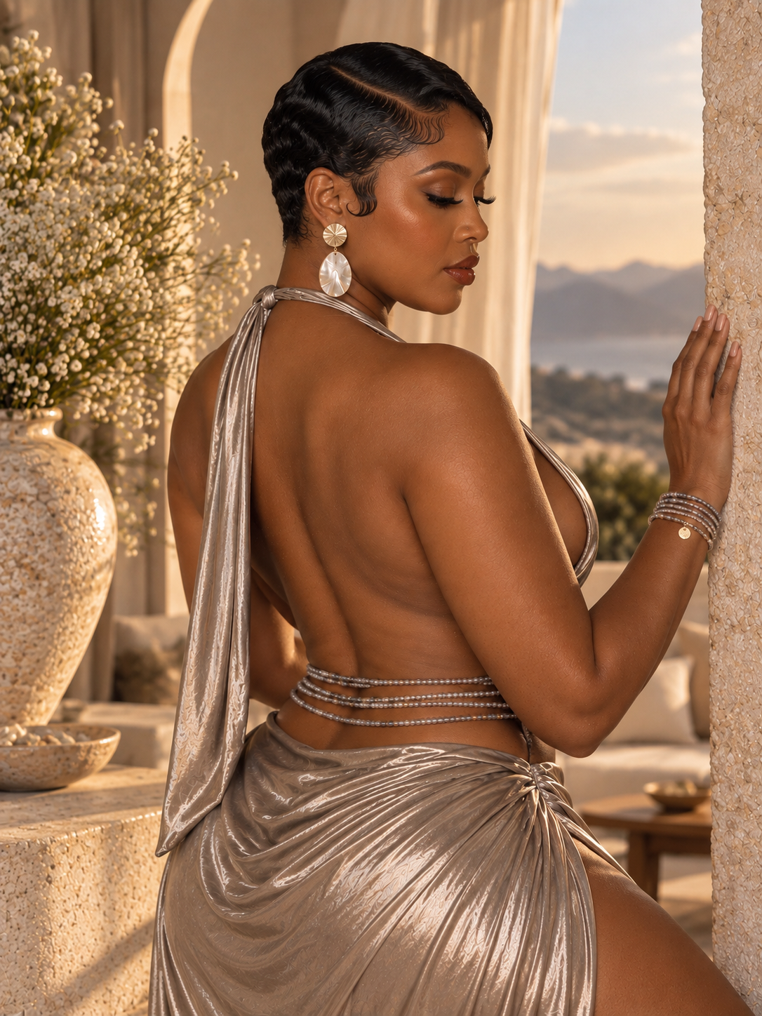 Model wearing Heaven gray waist beads with a silver outfit and matching wrist beads