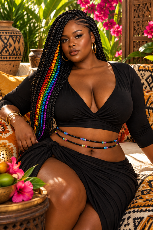 Model wearing Black Unicorn black waist beads with rainbow crystal accents over a black outfit