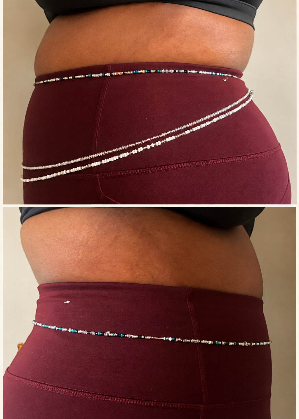 A split-screen close-up of a woman's lower torso wearing burgundy leggings with waist beads. Before and after weight loss.