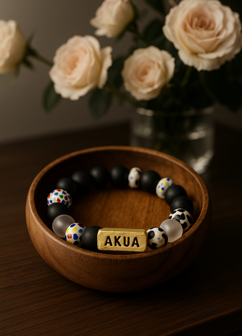 A beaded bracelet displayed in a wooden bowl on a dark wooden surface, with a blurred vase of cream roses in the background. The bracelet features matte black beads, glossy black beads with colorful polka dots, translucent white beads with black spots, and a gold-toned rectangular charm engraved with the word 'AKUA'.