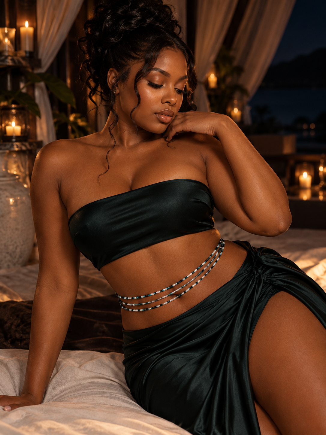 Model wearing Midnight Rain waist beads with a black outfit at night