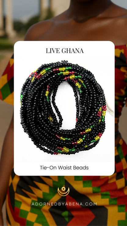 Live Ghana tie-on waist beads product card with a photo of the black, red, gold, and green strand