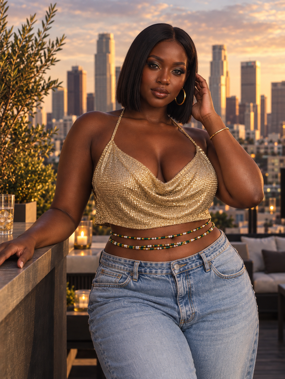 Model wearing Emerald Dynasty Pearl emerald, gold, and pearl waist beads with a gold top and jeans