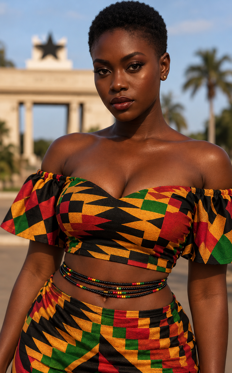 Model wearing Live Ghana waist beads with a red, gold, green, and black patterned outfit