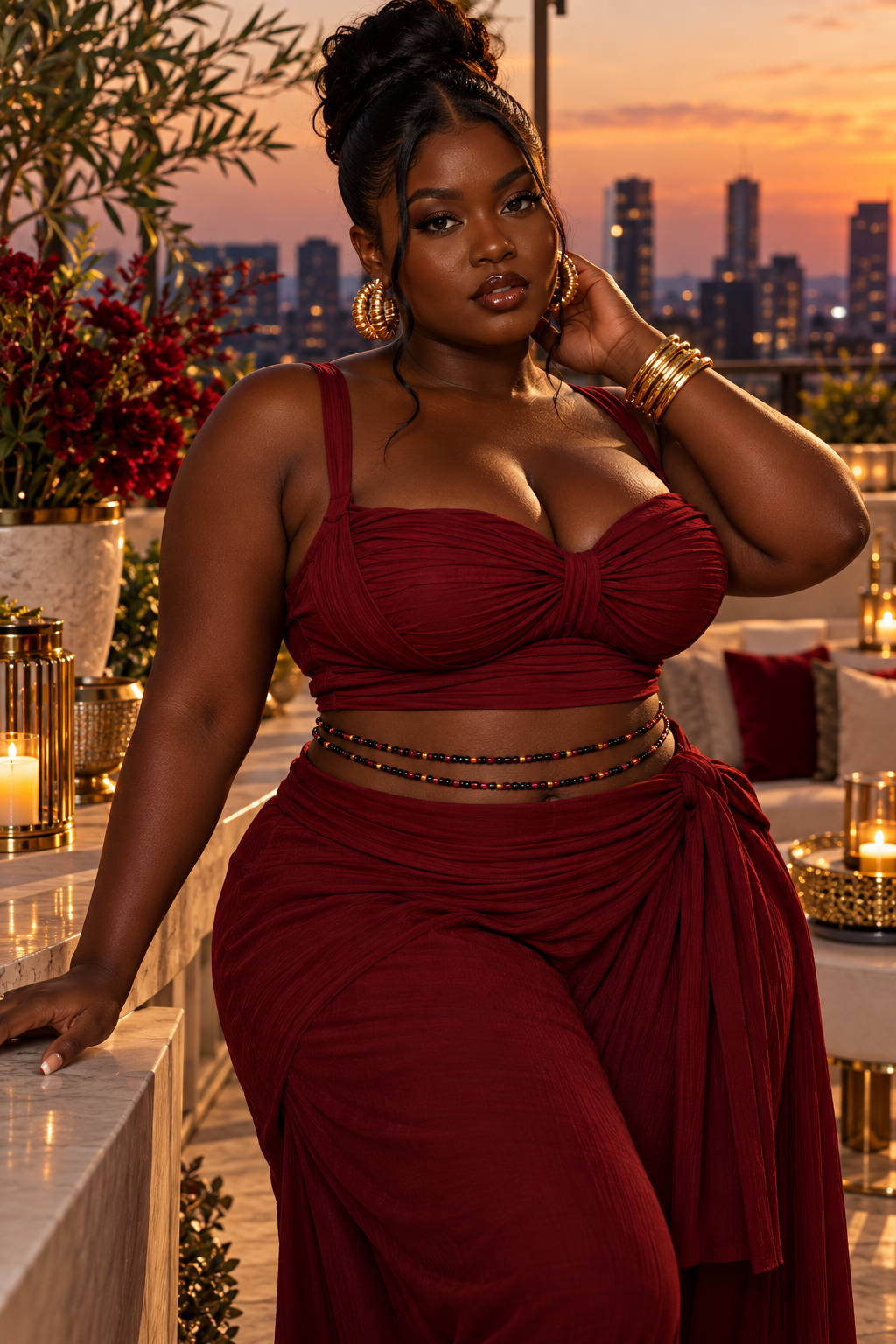 Model wearing Gracious Goddess black, red, and gold waist beads with a burgundy dress