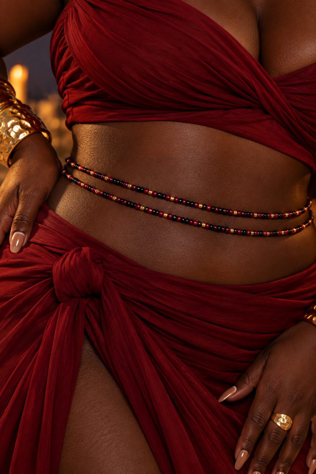 Close-up of Gracious Goddess black, red, and gold waist beads worn with a burgundy outfit