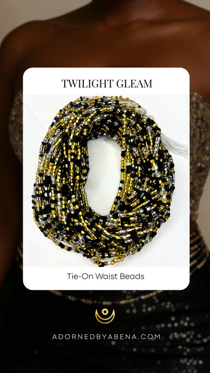 Twilight Gleam product card showing black, silver, and gold waist beads