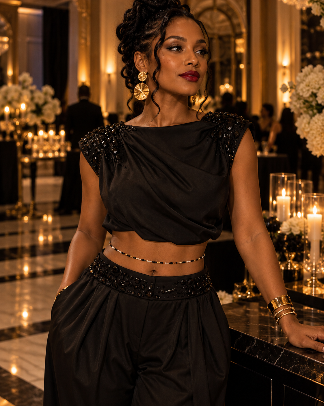 Model wearing Gilded Noir black, clear, and gold waist beads with a black evening outfit