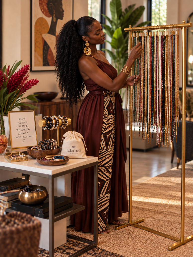 A woman in a brown and gold patterned dress stands next to a gold jewelry display rack filled with beaded necklaces in a warm, stylish boutique interior.