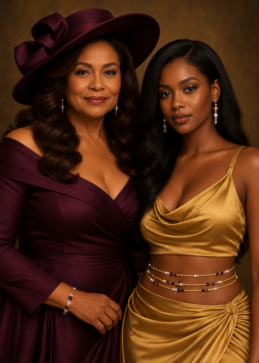 Two models wearing The Matriarch Luxe waist beads in gold and purple tones