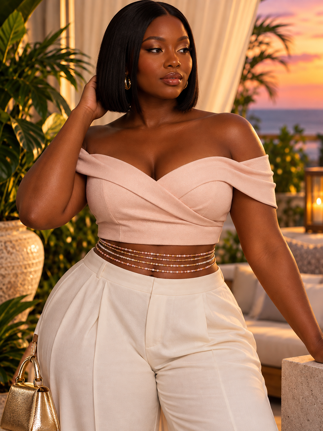 Model wearing layered Blushing Goddess waist beads with an off-shoulder blush top at sunset
