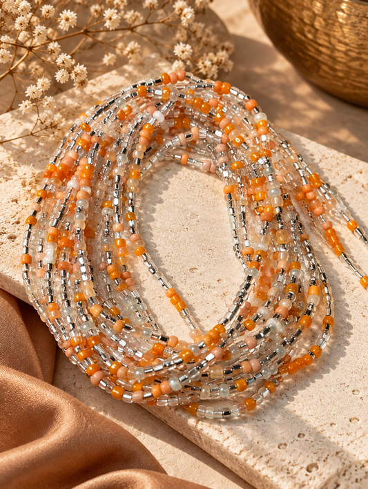 Demure de Brittany waist beads in peach, pearl white, and silver tones arranged on a stone tray