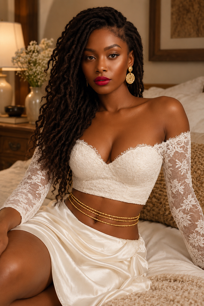 Model wearing layered gold Sika waist beads with a white lace outfit