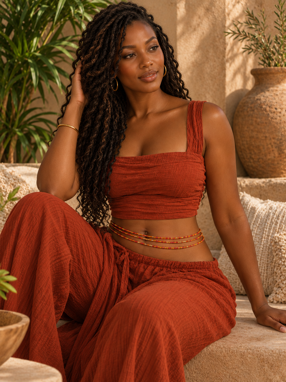 Model wearing Ember Sol orange, red, and gold waist beads with a rust-colored outfit