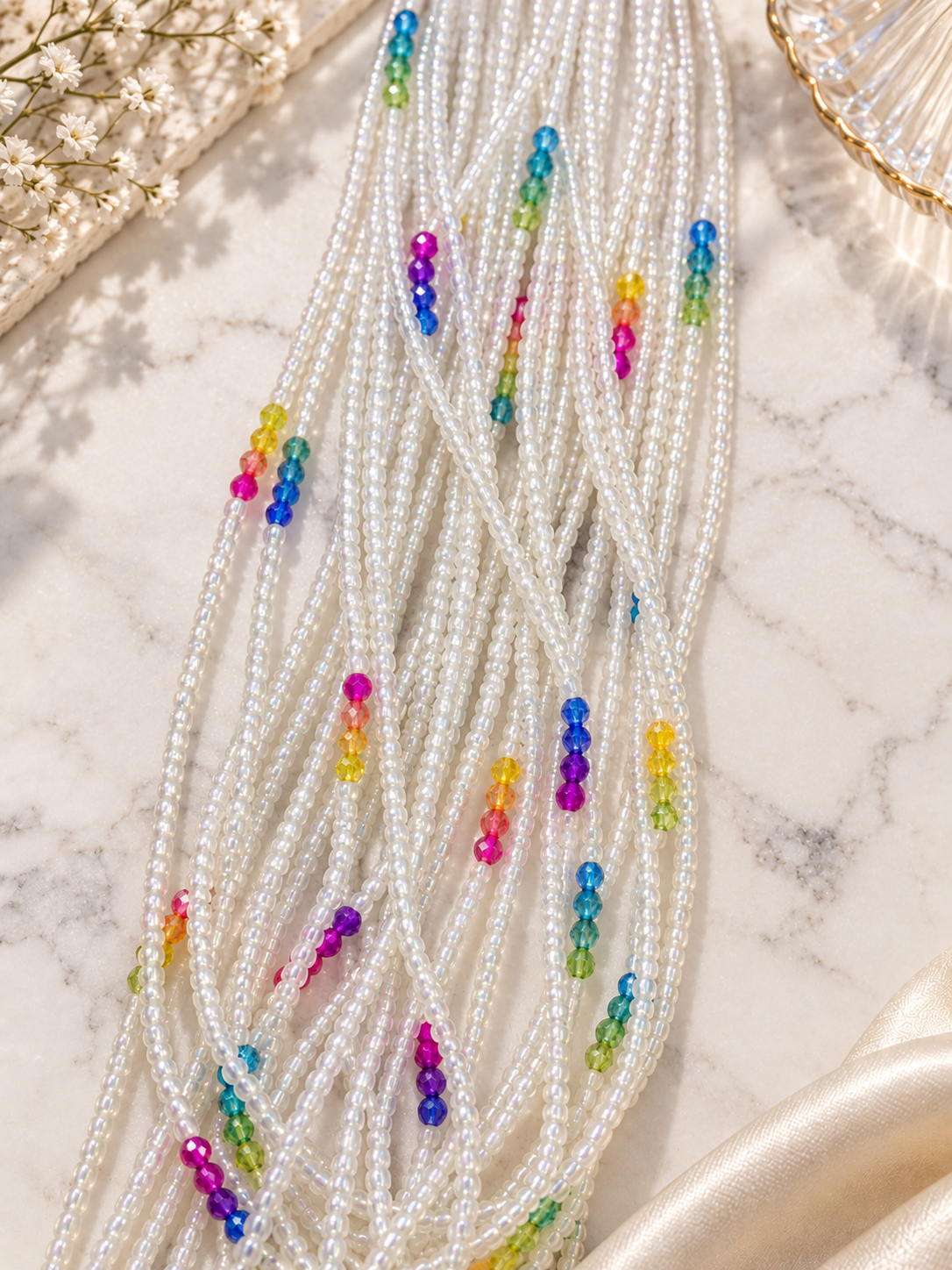 White Unicorn waist bead strands laid out to show the white beads and colorful iridescent accents.