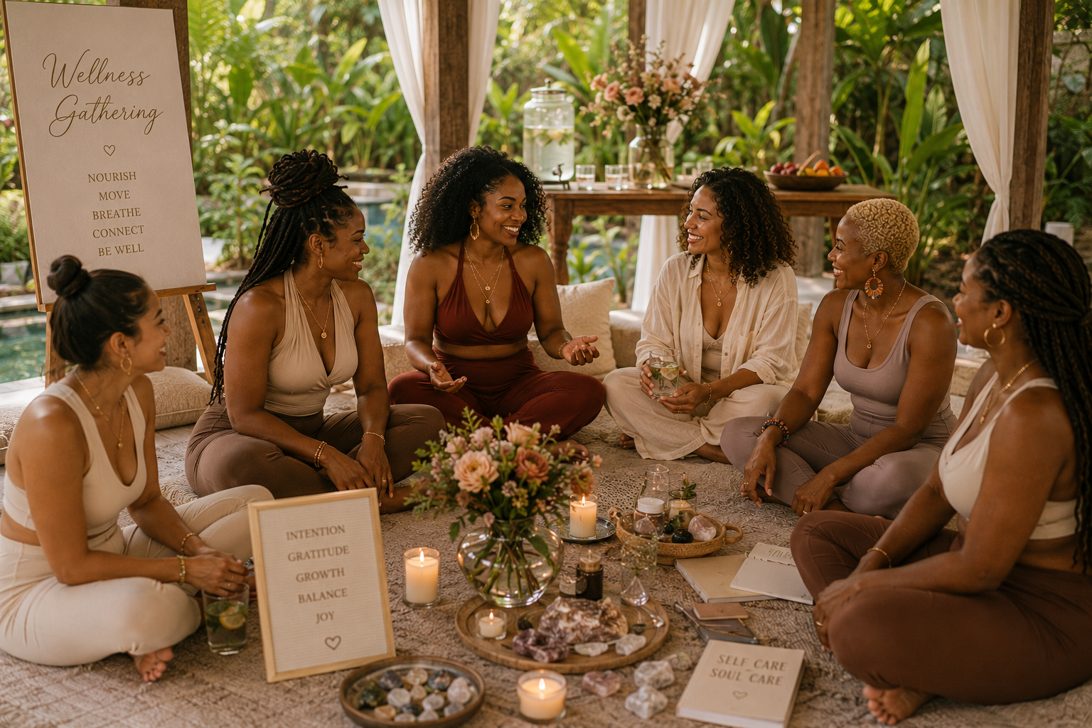 Five women in matching lounge wear sit cross-legged on a rug in a lush garden pavilion, engaged in conversation around candles, flowers, and wellness cards. A sign on the left reads 'Wellness Gathering' with additional text below.