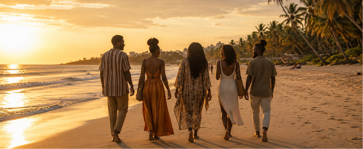 Five people walking hand in hand along a sandy beach at sunset, viewed from behind, with palm trees, ocean waves, and a warm golden sky.