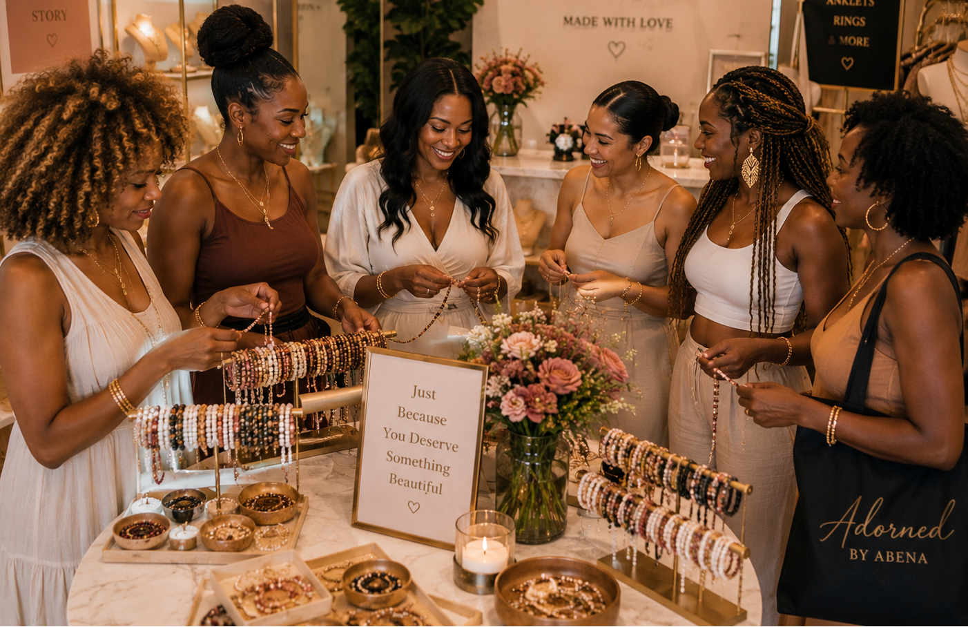 A group of five women gathered around a display table filled with jewelry, bracelets, rings, and small accessories in a warm boutique setting. A sign on the table reads, 'Just Because You Deserve Something Beautiful,' and a logo in the lower right corner reads 'Adorned by Arena.