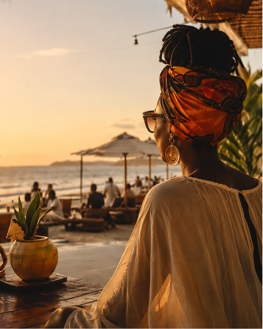 A woman wearing a cream-colored bohemian tunic and an orange patterned headwrap sits at a beachside cafe, looking out towards the ocean at sunset.