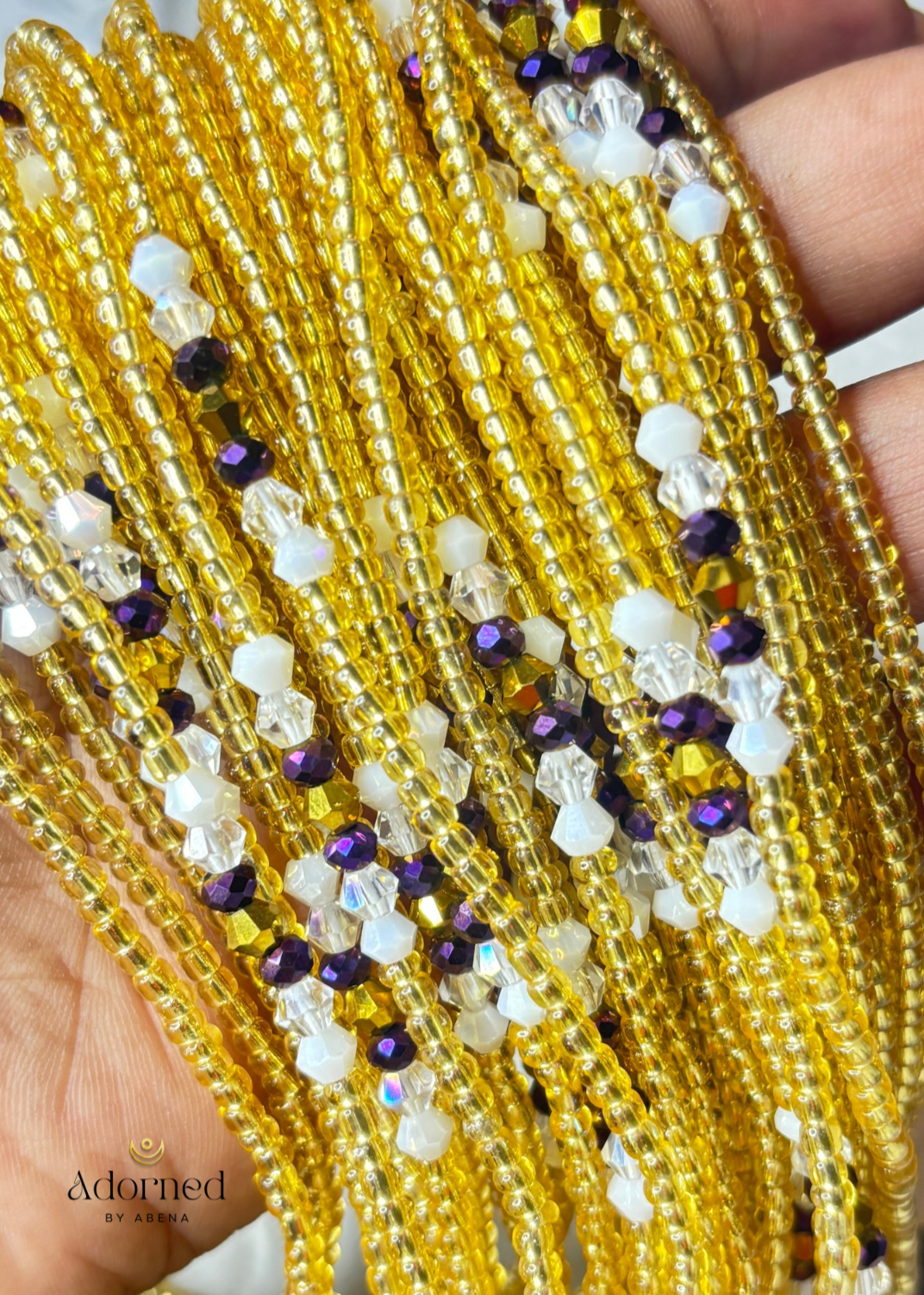 gold, purple, white waist beads