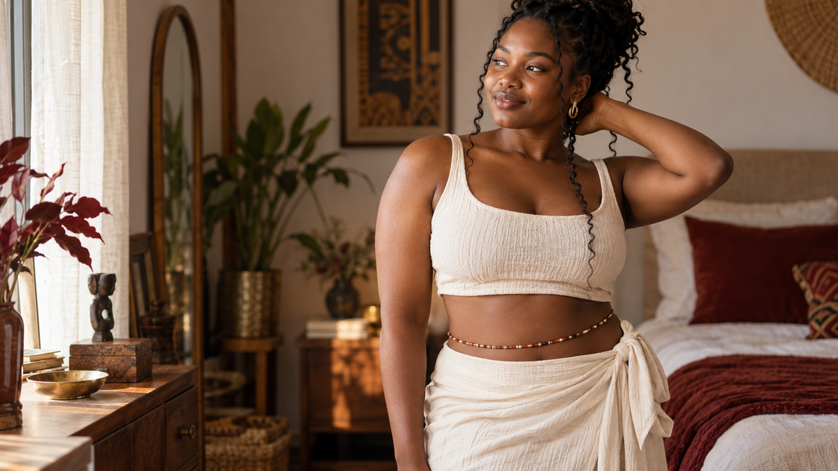 Editorial photograph of a Black woman in an ivory outfit wearing colorful waist beads at her natural waist.